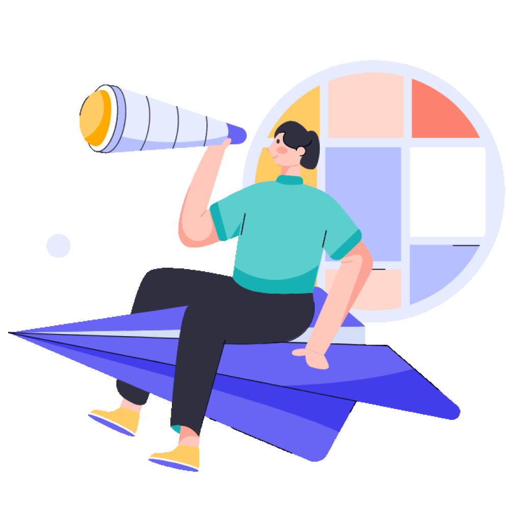 Illustration of a person on a paper airplane looking through a telescope.